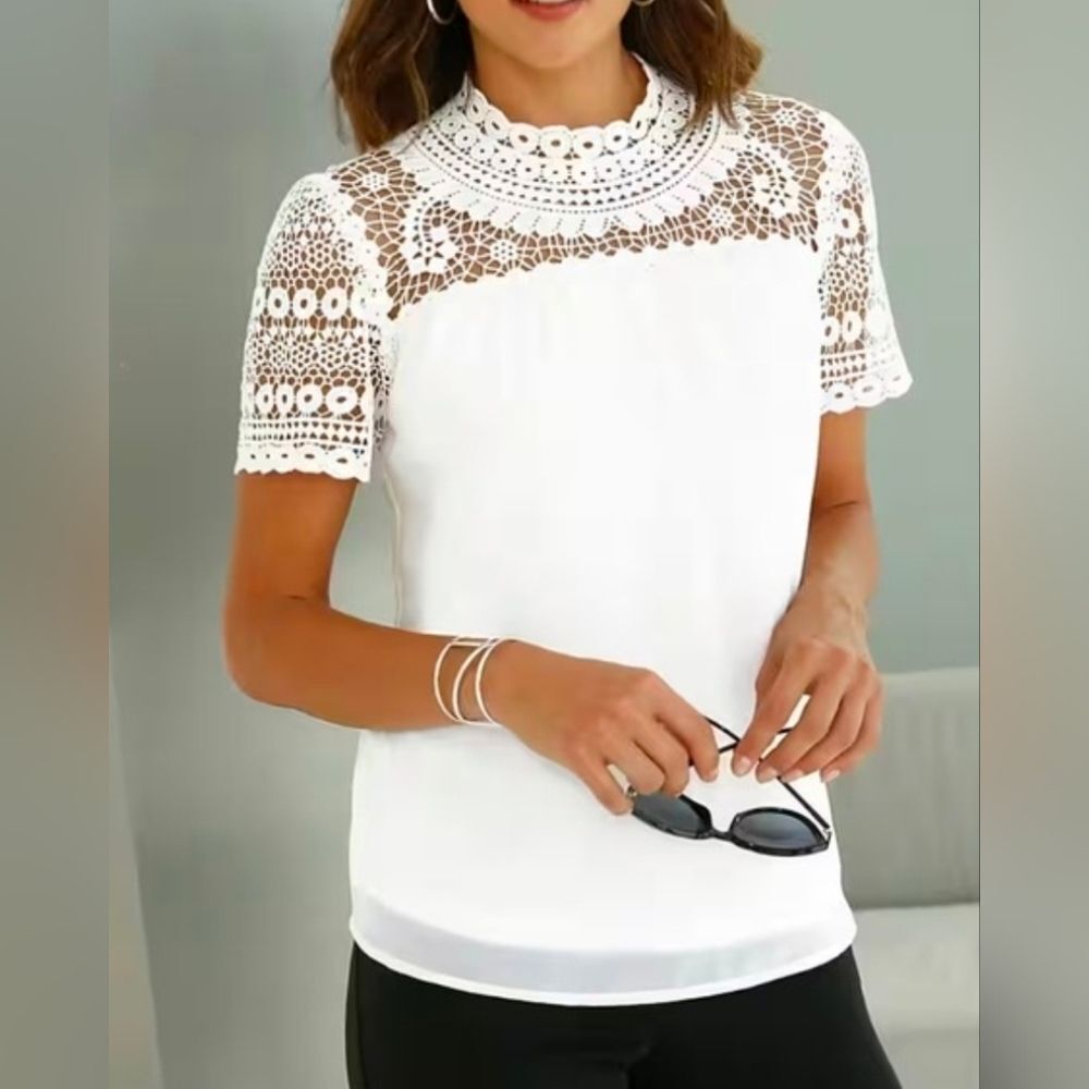 Fair Lady 10 Snow White Crochet Lace Lined  Shrtslv Buttons Women's Top Blouse